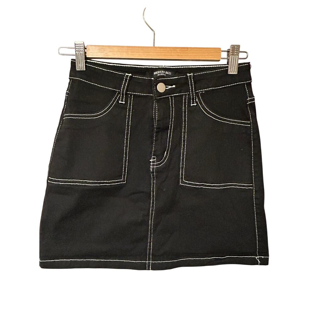 American Bazi Black Mini Skirt - High-Waisted, Edgy Contrast Stitching (S)